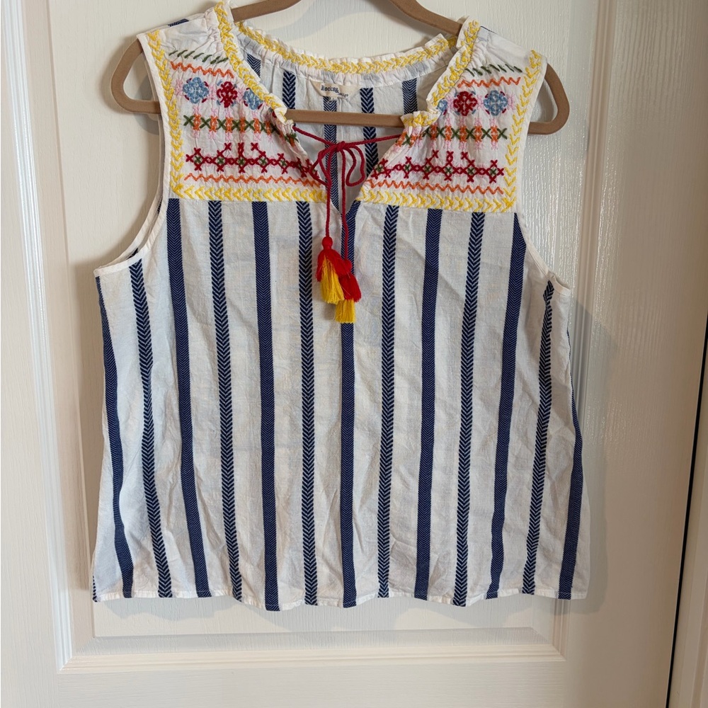 Rocks & Indigo Blue and White Striped Sleeveless Blouse with embroidery.